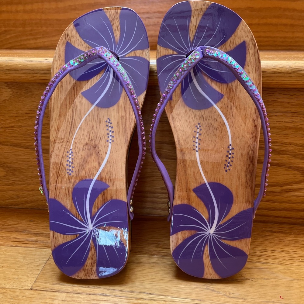 Purple Floral Rhinestone Flip Flop Sandals